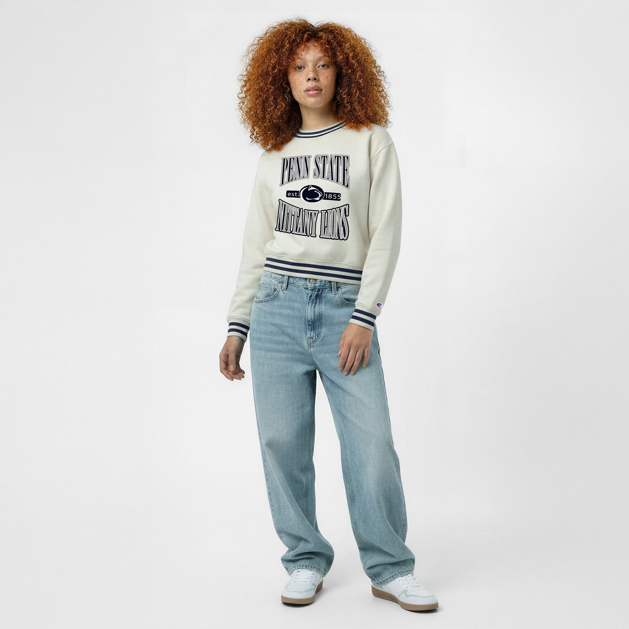 Women's Champion White Penn State Nittany Lions Yarn Dye Rib Reverse Weave Crew Sweatshirt